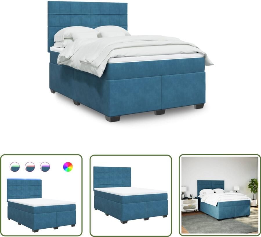 VidaXL Boxspring met matras fluweel blauw 160x200 cm Boxspring Slaapcomfort Fluweel Pocketvering Led Verlichting