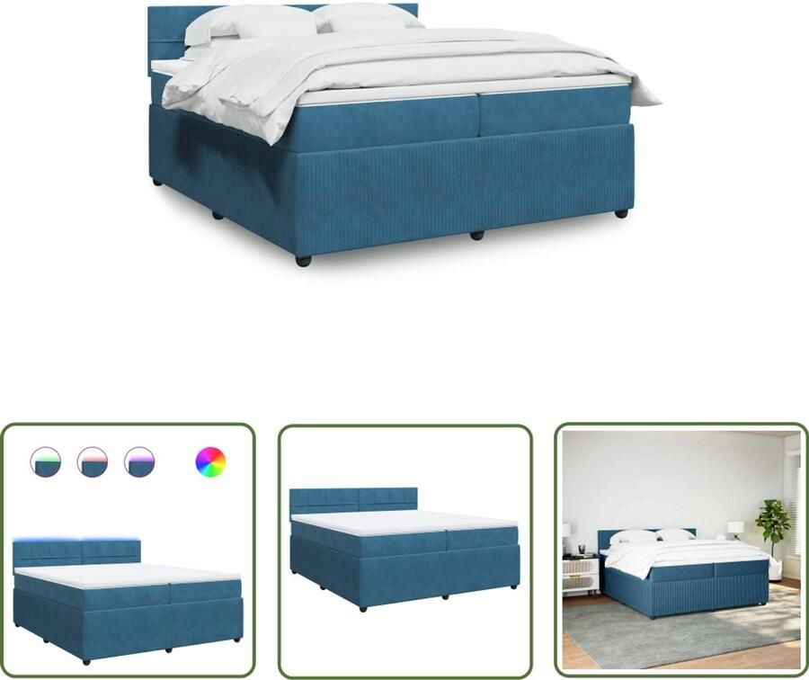 VidaXL Slaapcomfort Boxspring met matras fluweel blauw 200x200 cm Fluweel Bed Led Verlichting Pocketveringmatras