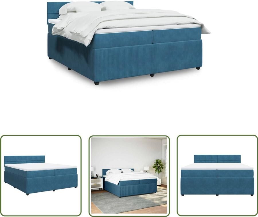 VidaXL Slaapcomfort Boxspring met matras fluweel blauw 200x200 cm Fluweel Bed Pocketveringmatras Topmatras