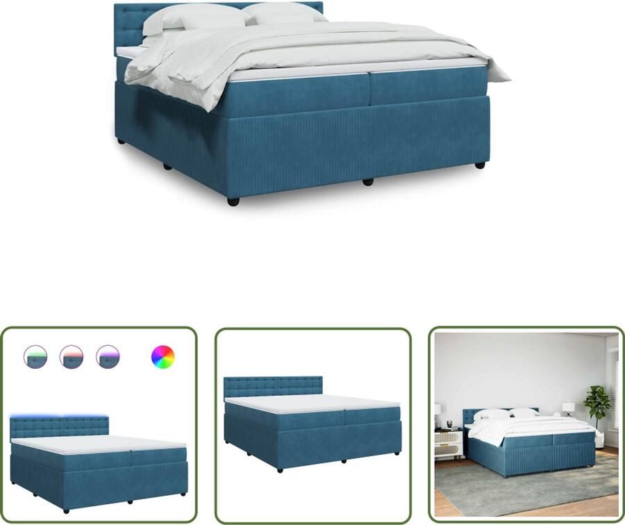 VidaXL Slaapcomfort Boxspring met matras fluweel blauw 200x200 cm Fluweel Pocketvering Led Verlichting