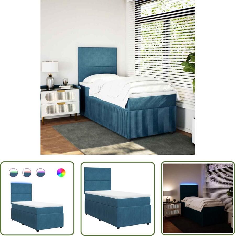 VidaXL Boxspring met matras fluweel blauw 80x200 cm Boxspring Slaapcomfort Fluweel Pocketveringmatras Led Verlichting