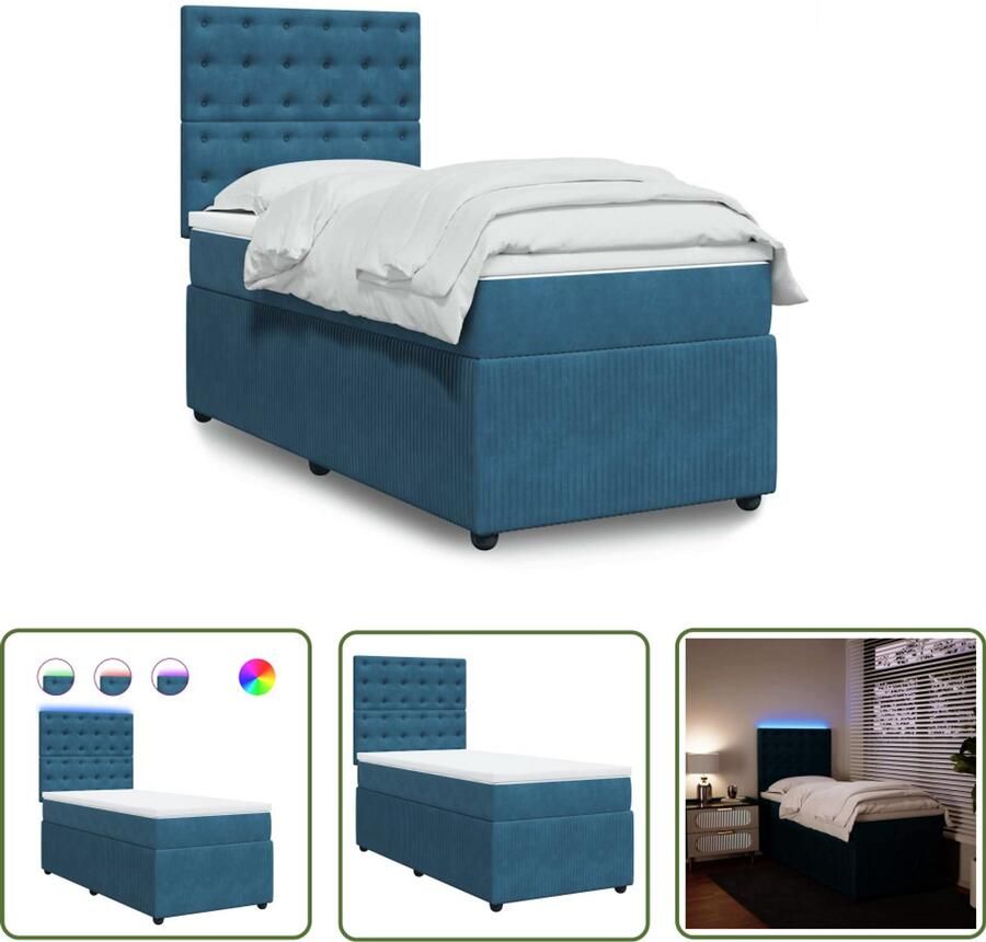 VidaXL Boxspring met matras fluweel blauw 90x200 cm Boxspring Slaapcomfort Fluweel Pocketveringmatras Led Verlichting - Foto 2