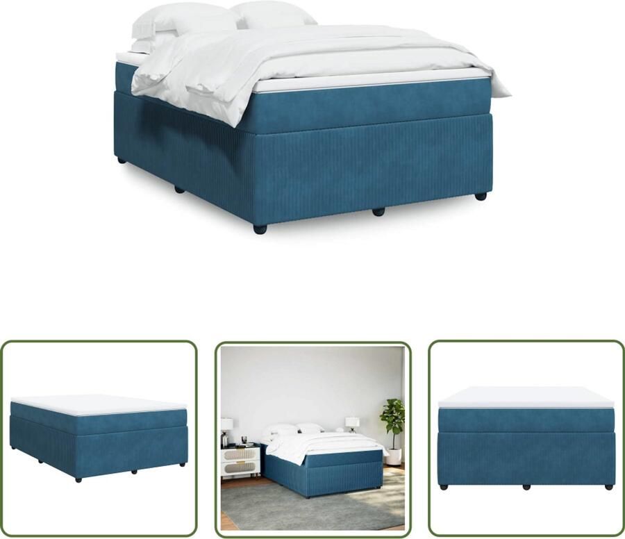 VidaXL Slaapcomfort Boxspring met matras fluweel donkerblauw 160x200 cm Fluweel Bed Matras Pocketvering
