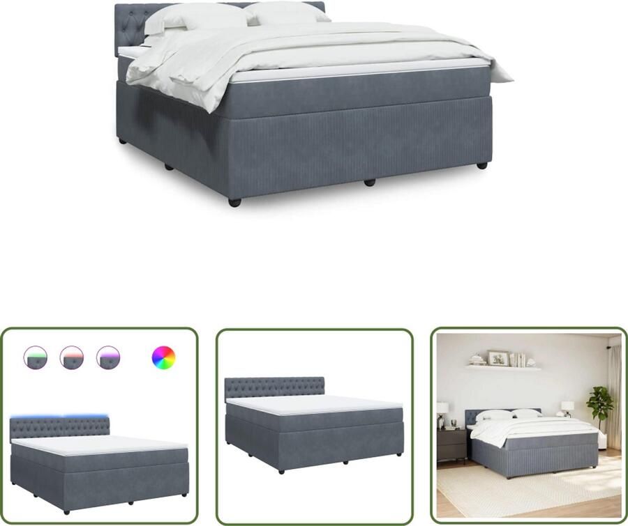 VidaXL Boxspring met matras fluweel donkergrijs 180x200 cm Boxspring Slaapcomfort Fluweel Bed Led Verlichting Matras