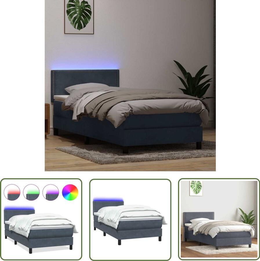VidaXL Boxspring met matras fluweel donkergrijs 80x210 cm Boxspring Slaapcomfort Fluweel Matras Led Verlichting