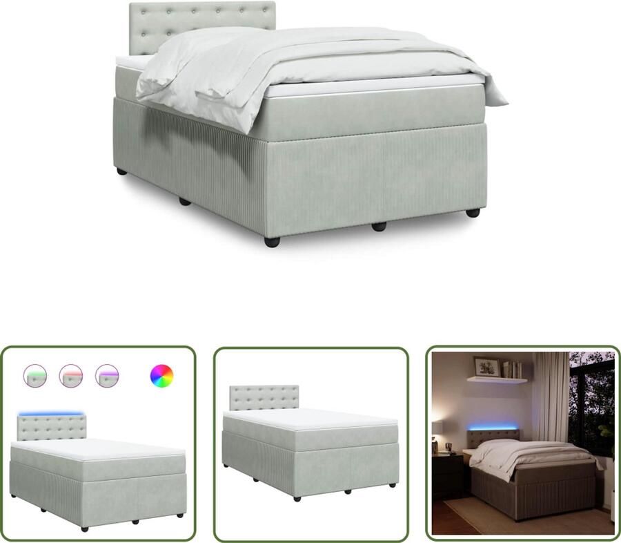 VidaXL Boxspring met matras fluweel lichtgrijs 120x200 cm Boxspring Slaapcomfort Pocketvering Led Verlichting Fluweel