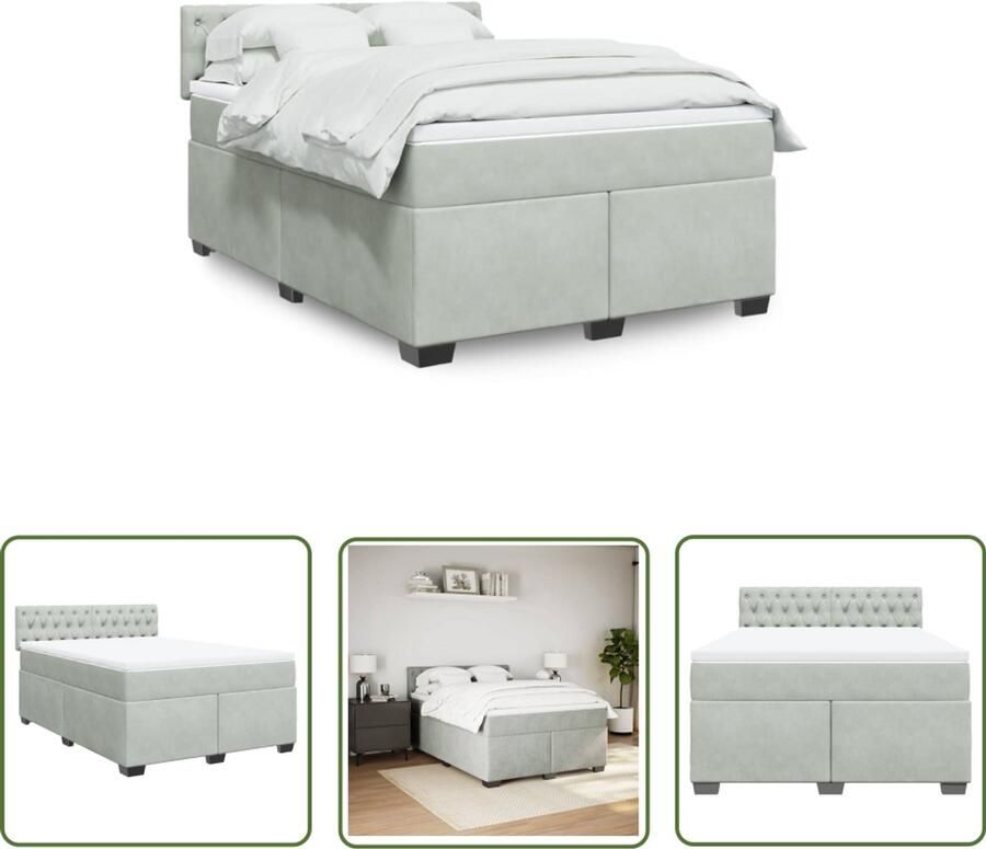 VidaXL Boxspring met matras fluweel lichtgrijs 160x200 cm Boxspring Slaapcomfort Fluweel Bed Pocketveringmatras Nachtkast