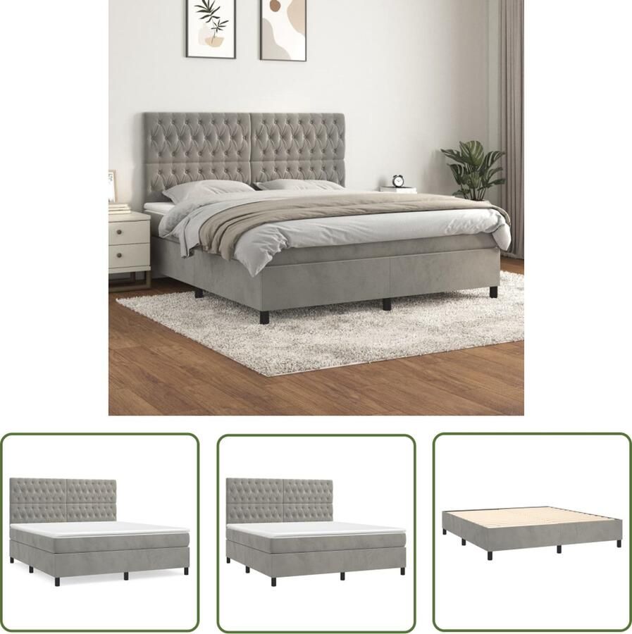The Living Store Bed Zacht fluweel Praktisch hoofdbord Pocketvering matras Middelharde ondersteuning Huidvriendelijk topmatras Lichtgrijs 203x180x118 128cm 180x200x20cm 180x200x5cm