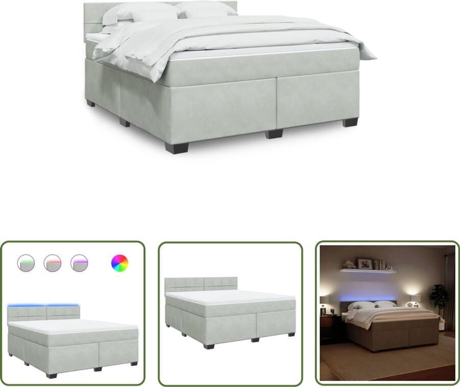 VidaXL Boxspring met matras fluweel lichtgrijs 180x200 cm Boxspring Slaapcomfort Fluweel Pocketvering Led Verlichting