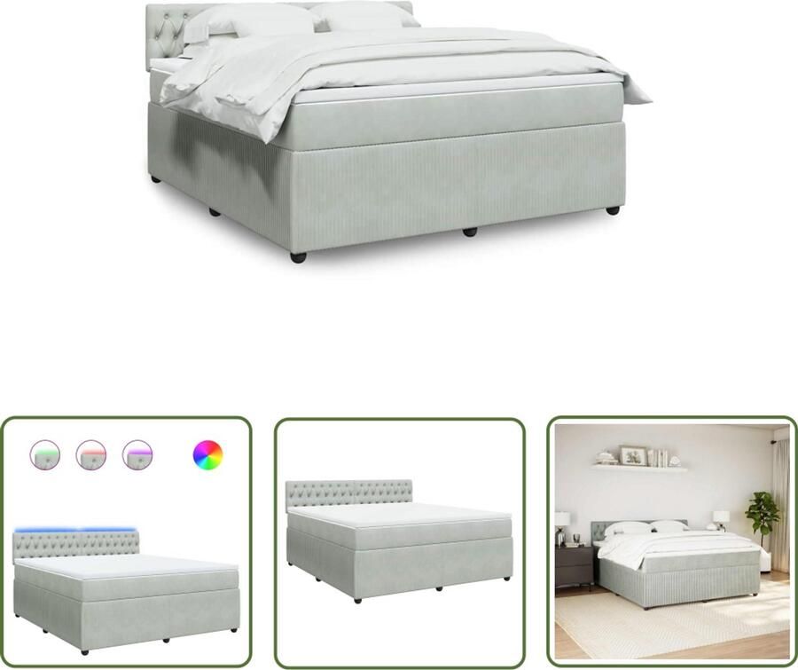 VidaXL Boxspring met matras fluweel lichtgrijs 180x200 cm Boxspring Slaapcomfort Fluweel Pocketvering Led Verlichting