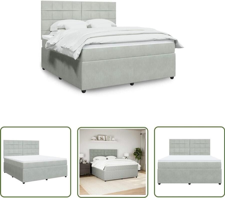 VidaXL Boxspring met matras fluweel lichtgrijs 180x200 cm Boxspring Slaapcomfort Pocketvering Fluweel Hoofdbord