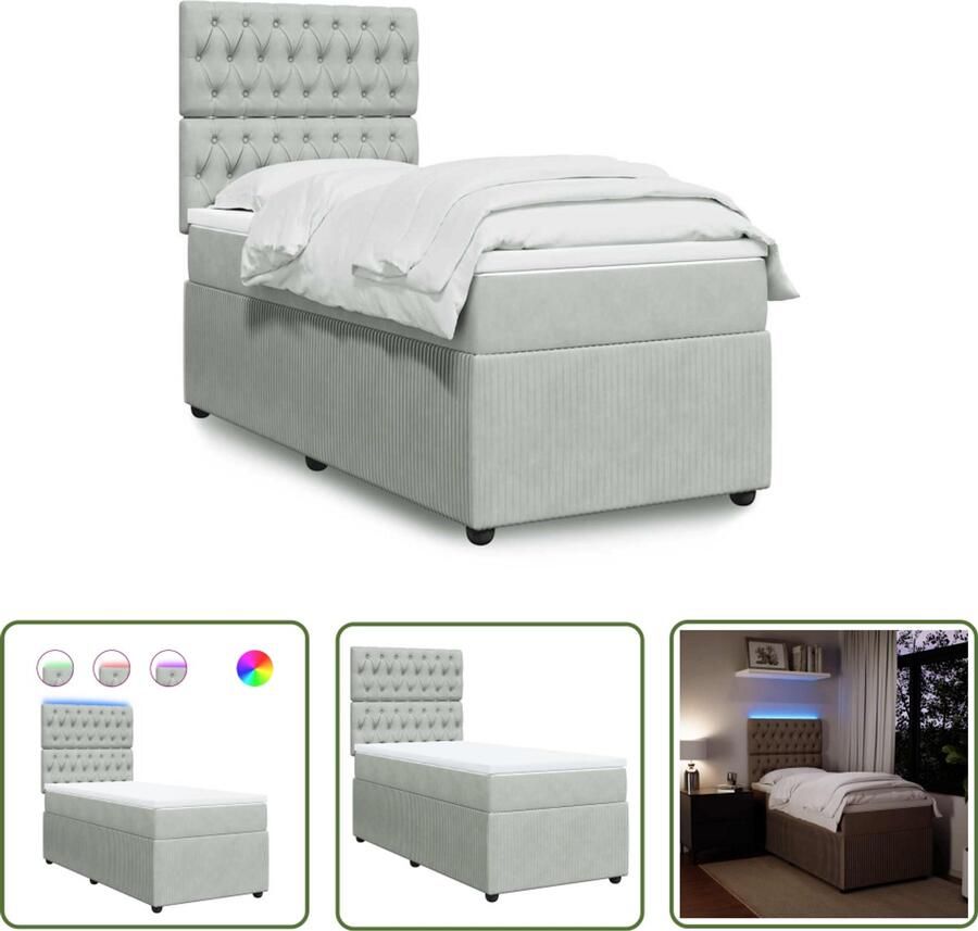 VidaXL Boxspring met matras fluweel lichtgrijs 90x200 cm Boxspring Slaapcomfort Fluweel Led Verlichting Matras