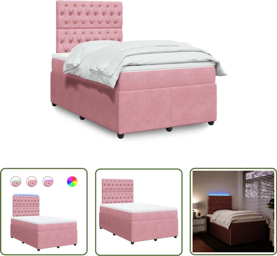 VidaXL Boxspring met matras fluweel roze 120x190 cm Boxspring Slaapcomfort Fluweel Pocketvering Led Verlichting