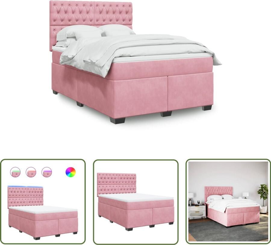 VidaXL Slaapcomfort Boxspring met matras fluweel roze 140x190 cm Pocketvering Led Verlichting Hoofdbord