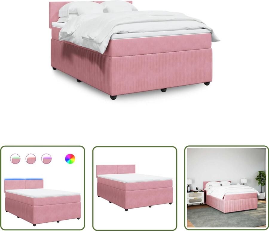 VidaXL Boxspring met matras fluweel roze 160x200 cm Boxspring Slaapcomfort Pocketvering Led Verlichting Fluweel