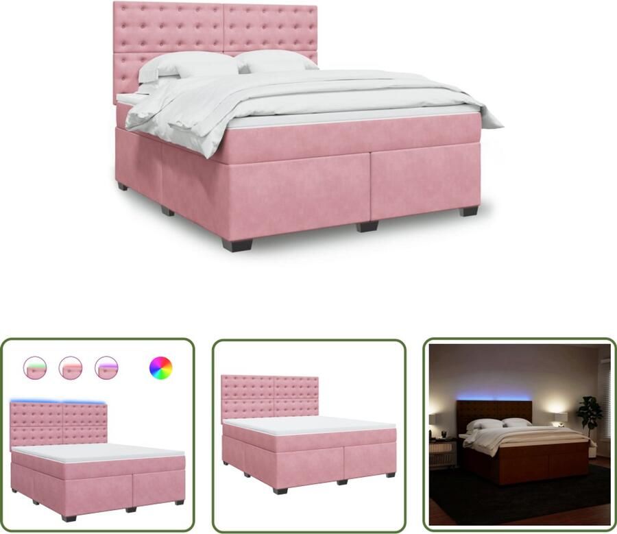VidaXL Boxspring met matras fluweel roze 180x200 cm Boxspring Slaapcomfort Fluweel Pocketvering Led Verlichting