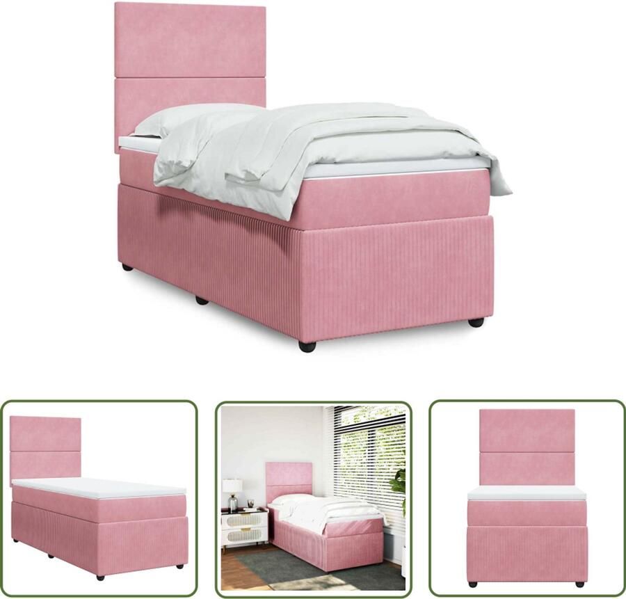 VidaXL Boxspring met matras fluweel roze 90x200 cm Boxspring Slaapcomfort Fluweel Bed Roze Bed Matras