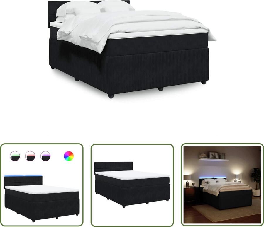 VidaXL Boxspring met matras fluweel zwart 140x190 cm Boxspring Slaapcomfort Fluweel Pocketvering Led Verlichting