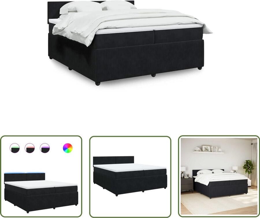 VidaXL Slaapcomfort Boxspring met matras fluweel zwart 200x200 cm Boxspringbed Matras Led Verlichting
