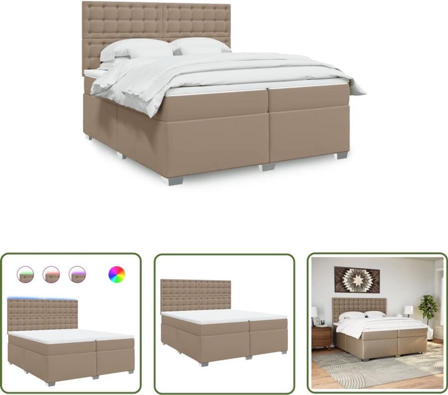 VidaXL Slaapcomfort Boxspring met matras kunstleer cappuccinokleurig 200x200 cm Kapstok Led Verlichting Hoofdbord
