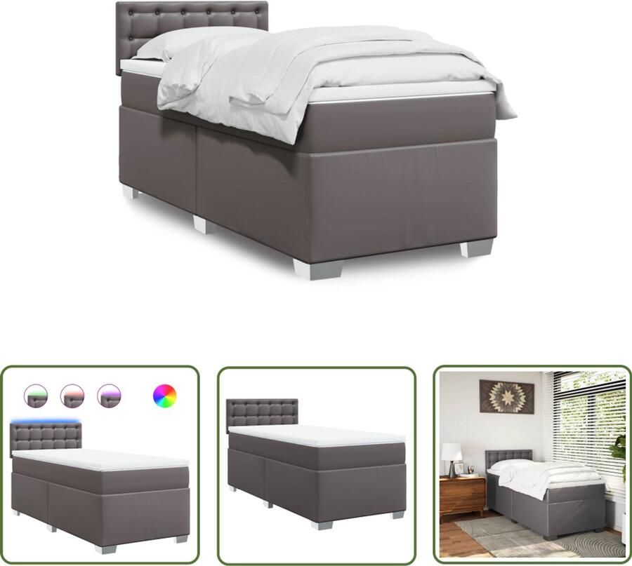 VidaXL Boxspring met matras kunstleer grijs 90x190 cm Boxspring Slaapcomfort Kunstleder Pocketvering Led Verlichting