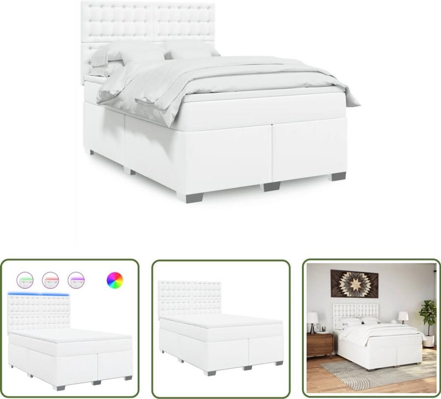 VidaXL Boxspring met matras kunstleer wit 140x200 cm Boxspring Slaapcomfort Lederlook Led Verlichting Elektrisch Verstelbaar