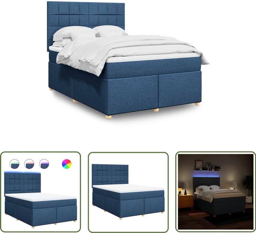 VidaXL Boxspring met matras stof blauw 140x190 cm Boxspring Slaapcomfort Matras Led Verlichting Hoofdbord