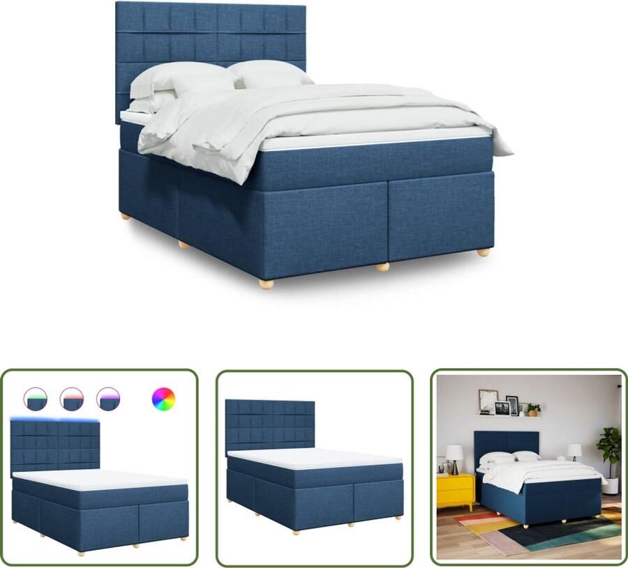 VidaXL Boxspring met matras stof blauw 140x200 cm Boxspring Slaapcomfort Matras Led Verlichting Hoofdbord