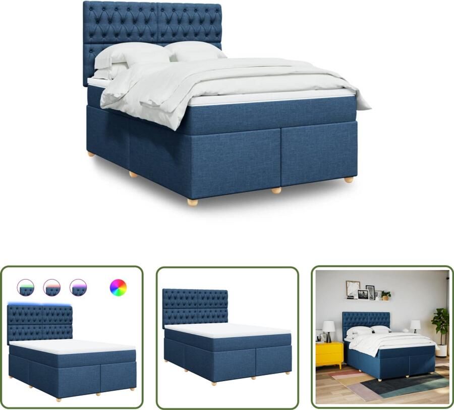 VidaXL Boxspring met matras stof blauw 160x200 cm Boxspring Slaapcomfort Matras Led Verlichting Hoofdbord