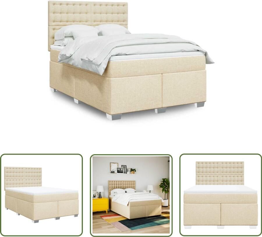 VidaXL Slaapcomfort Boxspring met matras stof crèmekleurig 140x200 cm Pocketveringmatras Hoofdbord Crèmekleurig