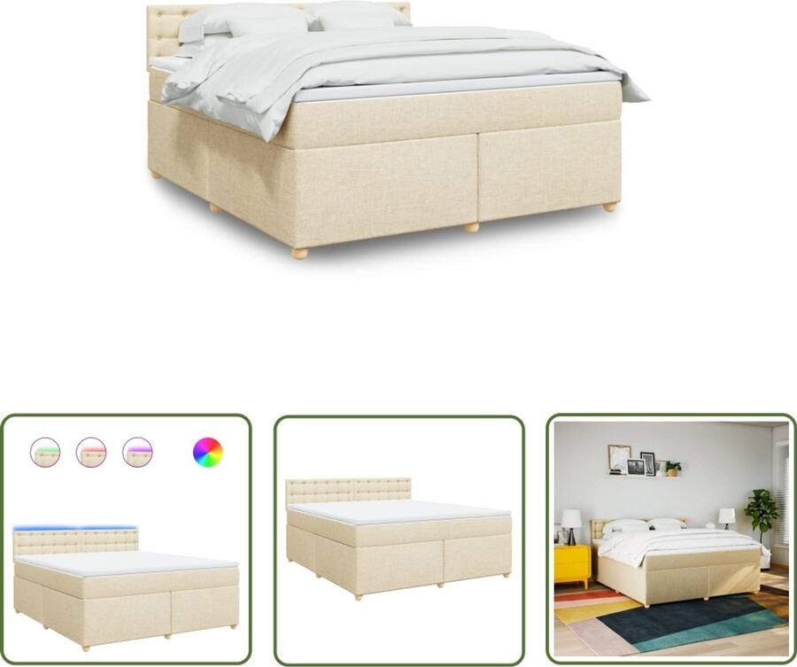VidaXL Slaapcomfort Boxspring met matras stof crèmekleurig 180x200 cm Pocketveringmatras Led Verlichting Creme Kleur