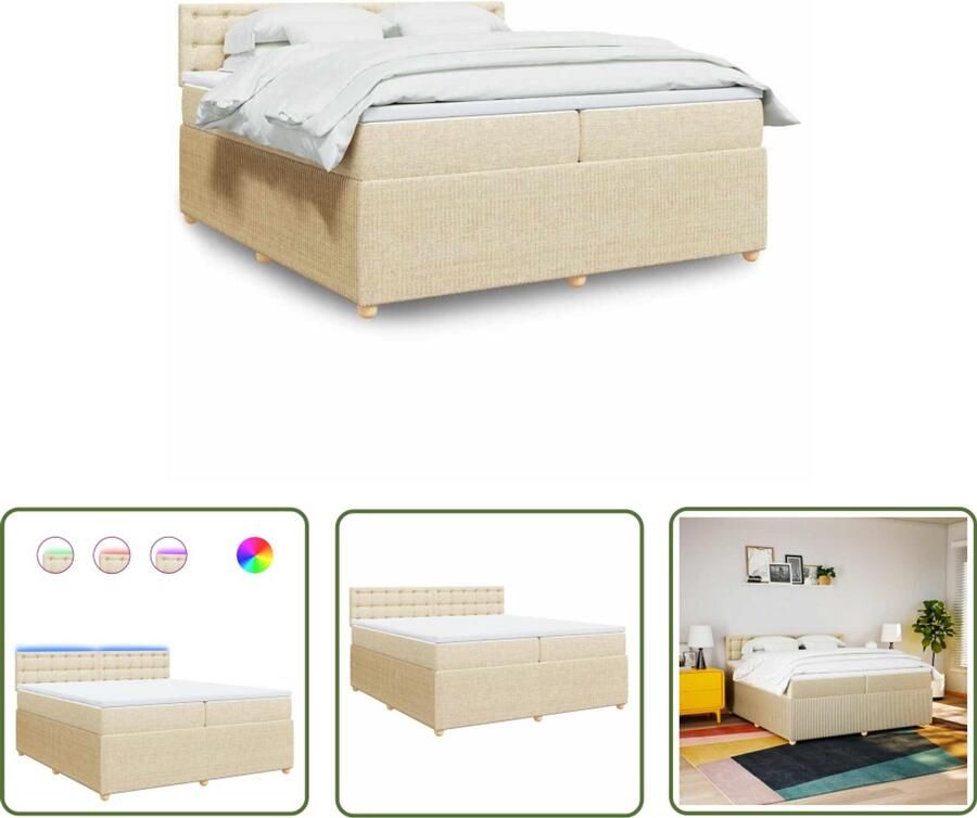 VidaXL Slaapcomfort Boxspring met matras stof crèmekleurig 200x200 cm Matras Led Verlichting Usb Aansluiting