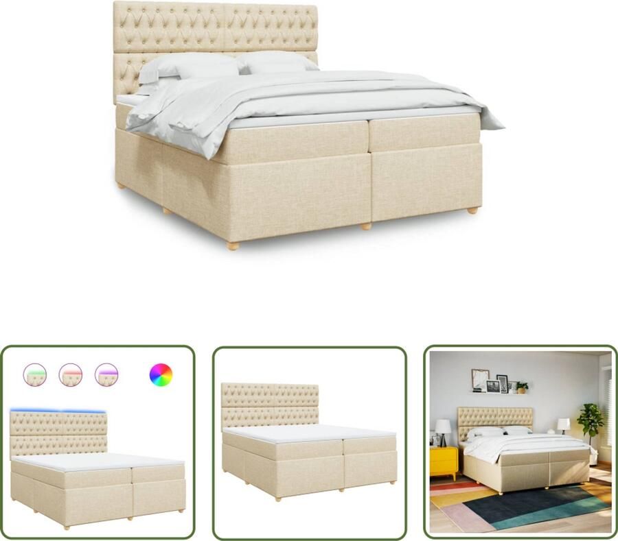 VidaXL Slaapcomfort Boxspring met matras stof crèmekleurig 200x200 cm Pocketveringmatras Led Verlichting Creme Kleurig