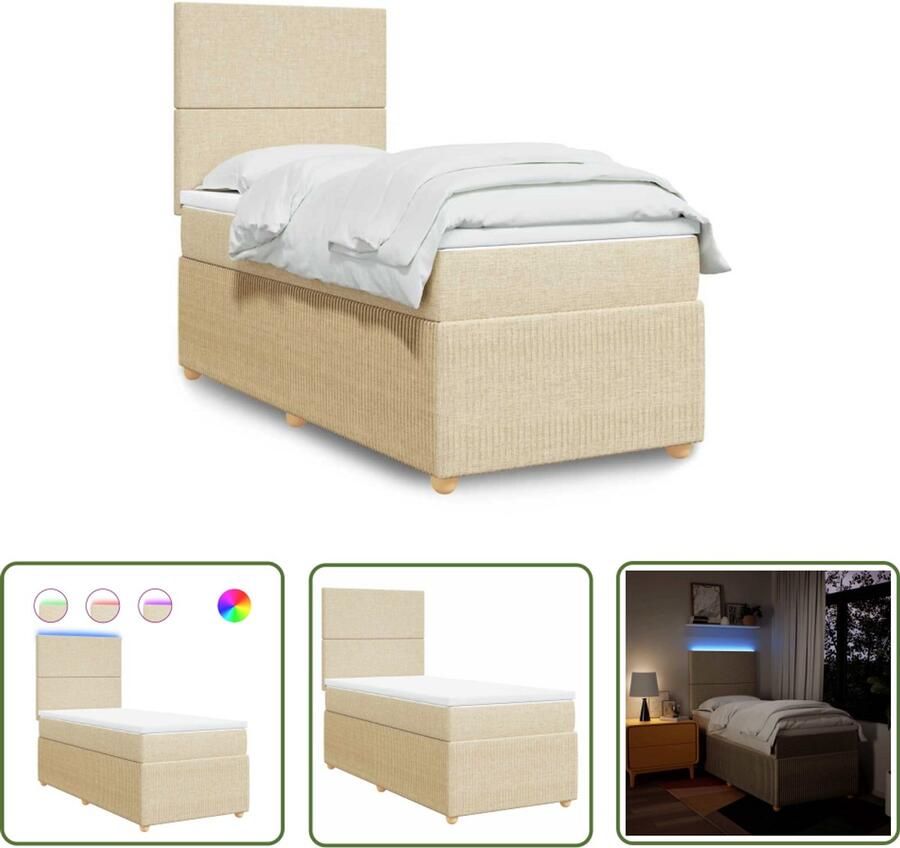 VidaXL Boxspring met matras stof crèmekleurig 90x190 cm Boxspring Slaapcomfort Matras Led Verlichting Creme Kleur