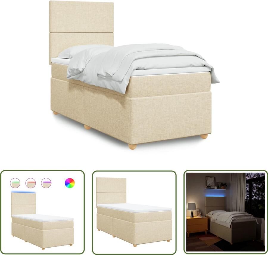 VidaXL Boxspring met matras stof crèmekleurig 90x190 cm Boxspring Slaapcomfort Matras Led Verlichting Creme Kleur - Foto 2