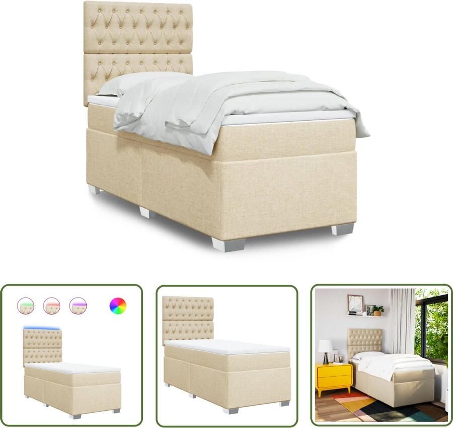 VidaXL Slaapcomfort Boxspring met matras stof crèmekleurig 90x190 cm Pocketveringmatras Led Verlichting Creme Kleur