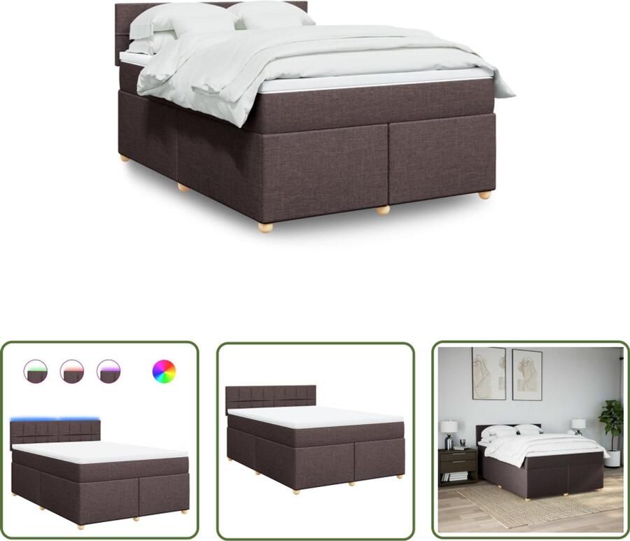 VidaXL Boxspring met matras stof donkerbruin 140x190 cm Boxspring Slaapcomfort Matras Led Verlichting Dark Brown