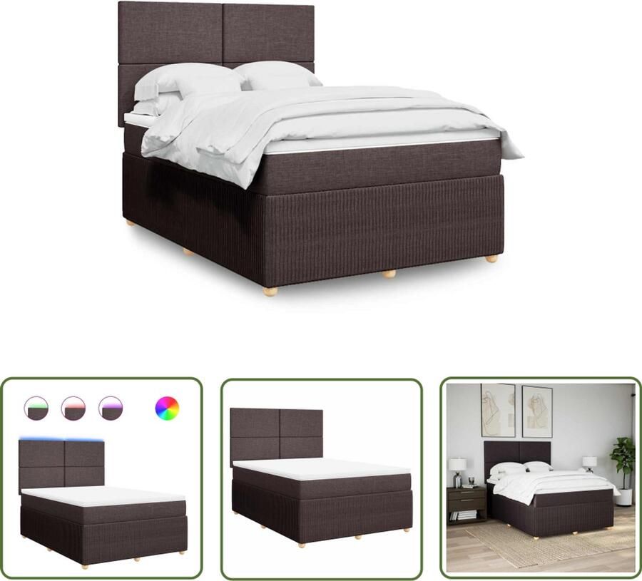 VidaXL Boxspring met matras stof donkerbruin 140x190 cm Boxspring Slaapcomfort Matras Led Verlichting Hoofdbord