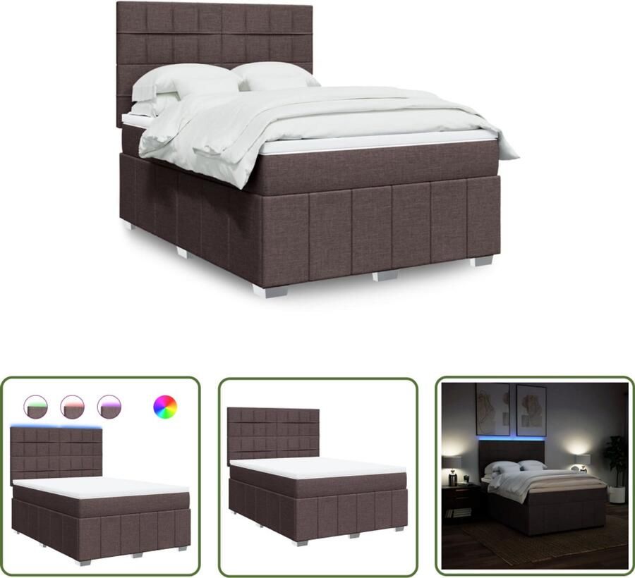 VidaXL Slaapcomfort Boxspring met matras stof donkerbruin 140x200 cm Donkerbruin Pocketsveringmatras Led Verlichting