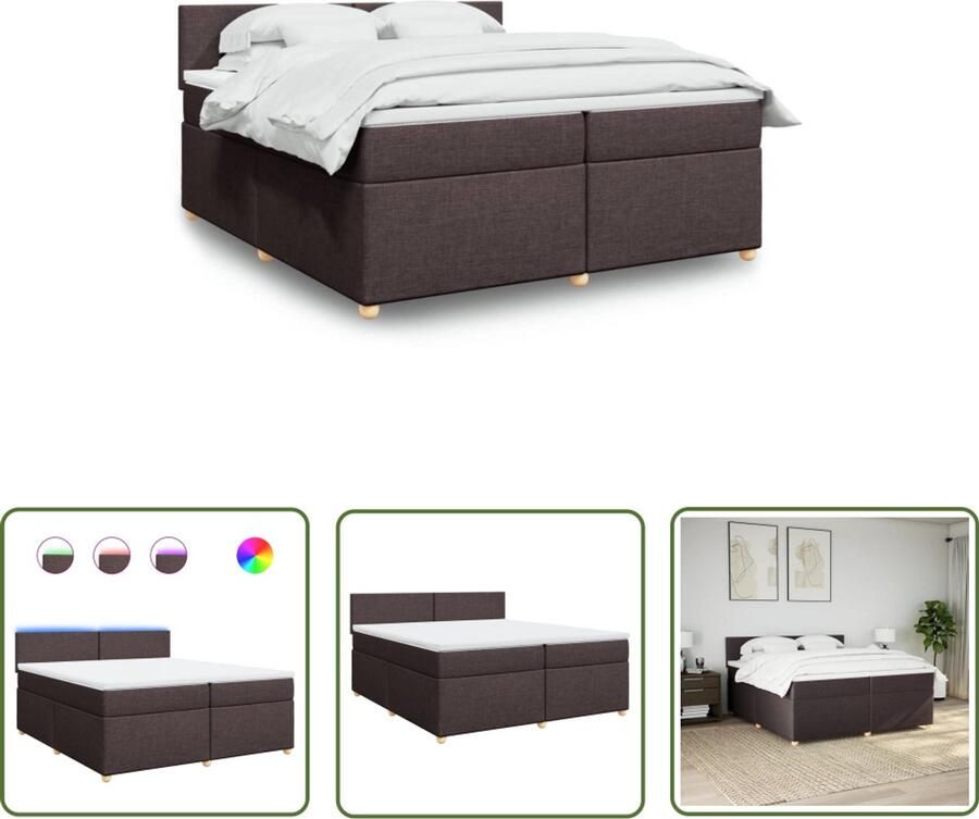 VidaXL Slaapcomfort Boxspring met matras stof donkerbruin 200x200 cm Led Verlichting Matras Pocketvering