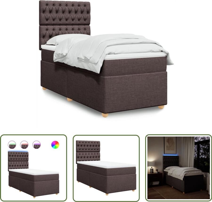 VidaXL Slaapcomfort Boxspring met matras stof donkerbruin 90x190 cm Led Verlichting Matras Dark Brown