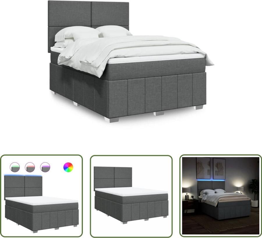 VidaXL Boxspring met matras stof donkergrijs 160x200 cm Boxspring Slaapcomfort Matras Led Verlichting Hoofdbord