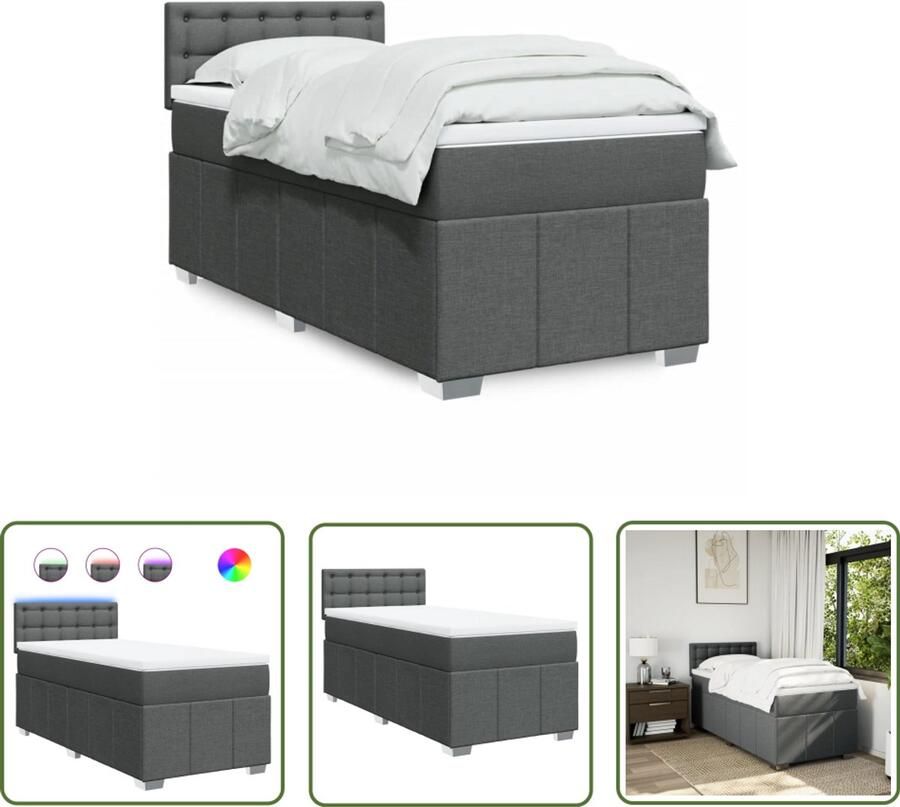 VidaXL Boxspring met matras stof donkergrijs 90x200 cm Boxspring Slaapcomfort Matras Led Verlichting Dark Grey