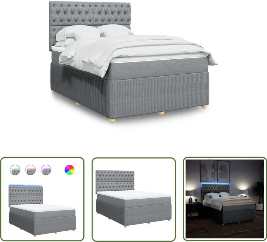 VidaXL Slaapcomfort Boxspring met matras stof lichtgrijs 140x200 cm Led Verlichting Matras Pocketvering