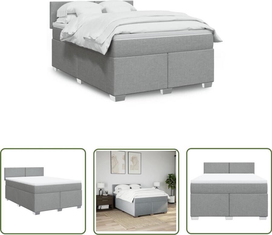 VidaXL Slaapcomfort Boxspring met matras stof lichtgrijs 140x200 cm Matras Pocketvering Hoofdbord