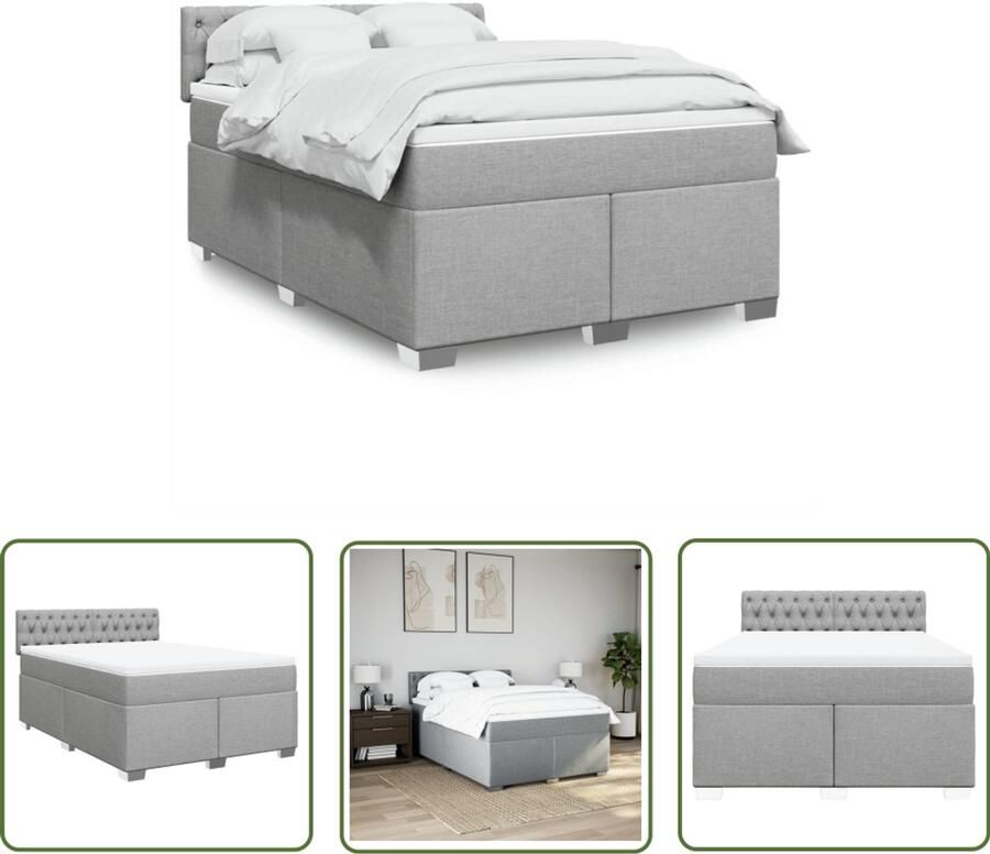 VidaXL Boxspring met matras stof lichtgrijs 160x200 cm Boxspring Slaapcomfort Matras Bed Frame Hoofdbord
