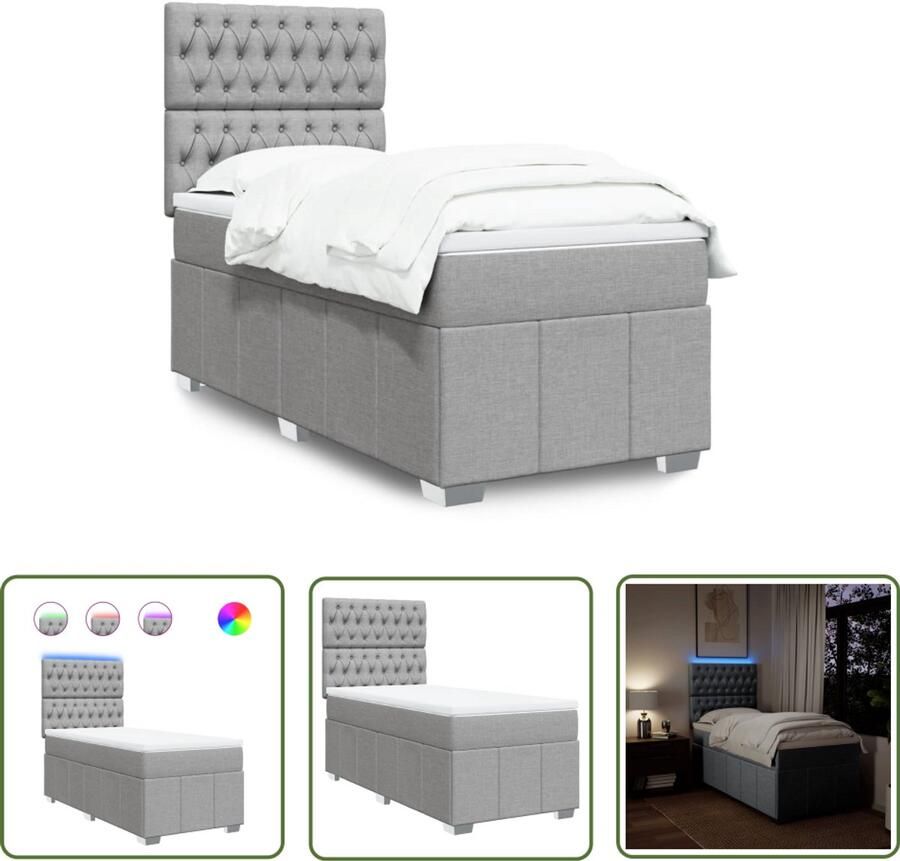 VidaXL Boxspring met matras stof lichtgrijs 90x190 cm Boxspring Slaapcomfort Led Verlichting Matras Pocketvering