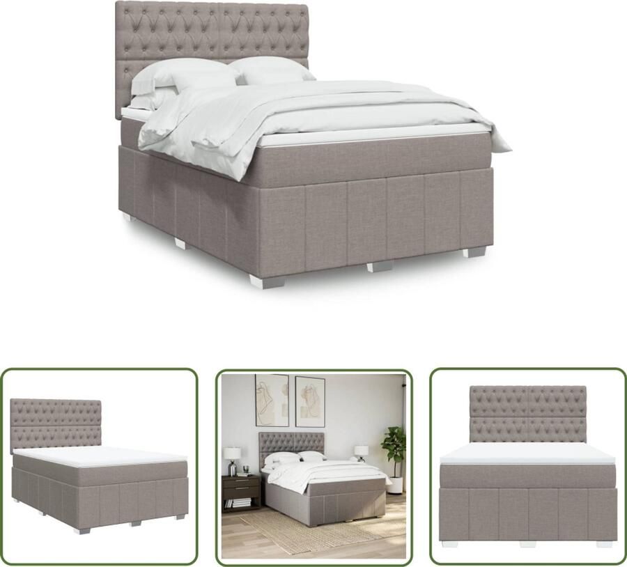 VidaXL Slaapcomfort Boxspring met matras stof taupe 140x200 cm Pocketvering Matras Topper Hoofdbord