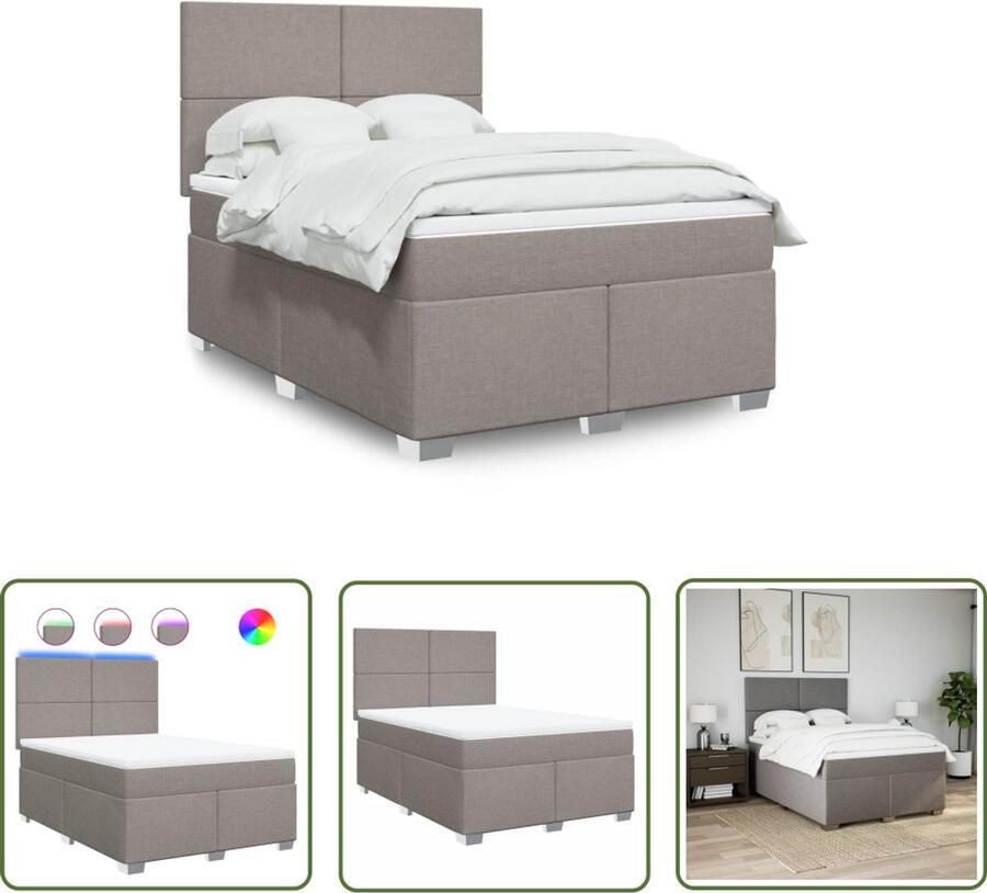 VidaXL Boxspring met matras stof taupe 160x200 cm Boxspring Slaapcomfort Led Verlichting Elektrisch Hoofdbord Pocketveringmatras