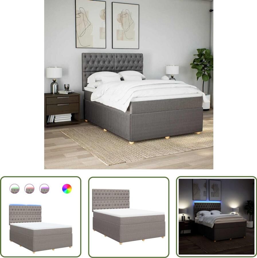 VidaXL Boxspring met matras stof taupe 160x200 cm Boxspring Slaapcomfort Matras Led Verlichting Hoofdbord